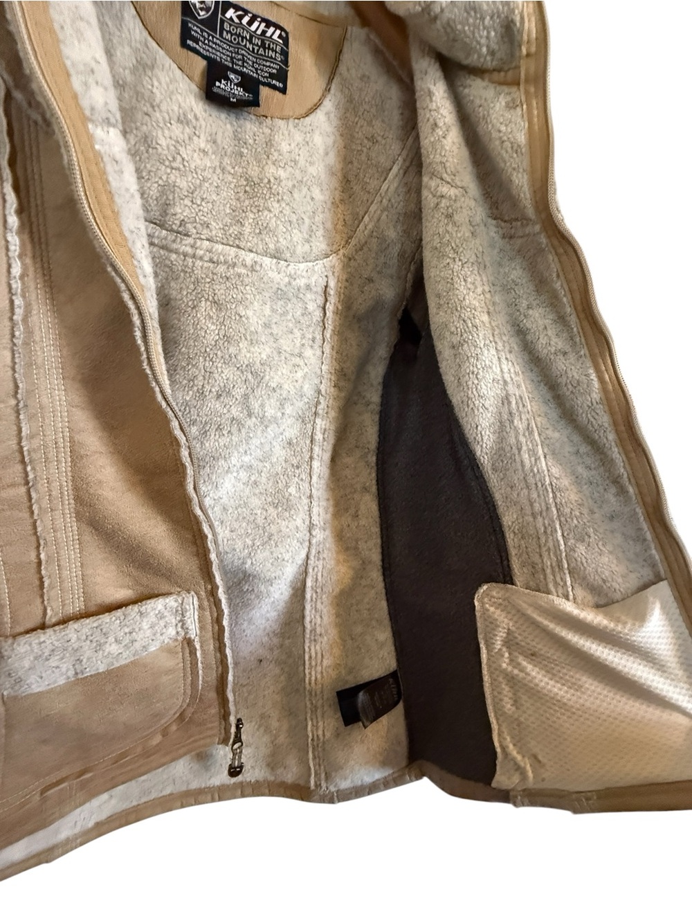 KÜHL Dani Sherpa Jacket Women’s M Tan Faux Suede Fleece Lined Hooded Full Zip - Picture 4 of 15